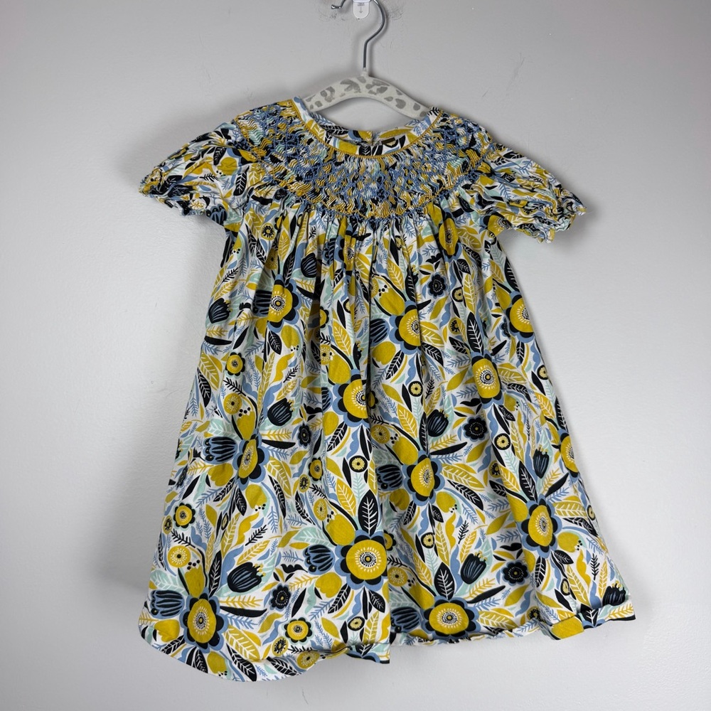 Kid’s Banana Split Yellow Blue Floral Smocked Cotton Spring Dress 24 Months